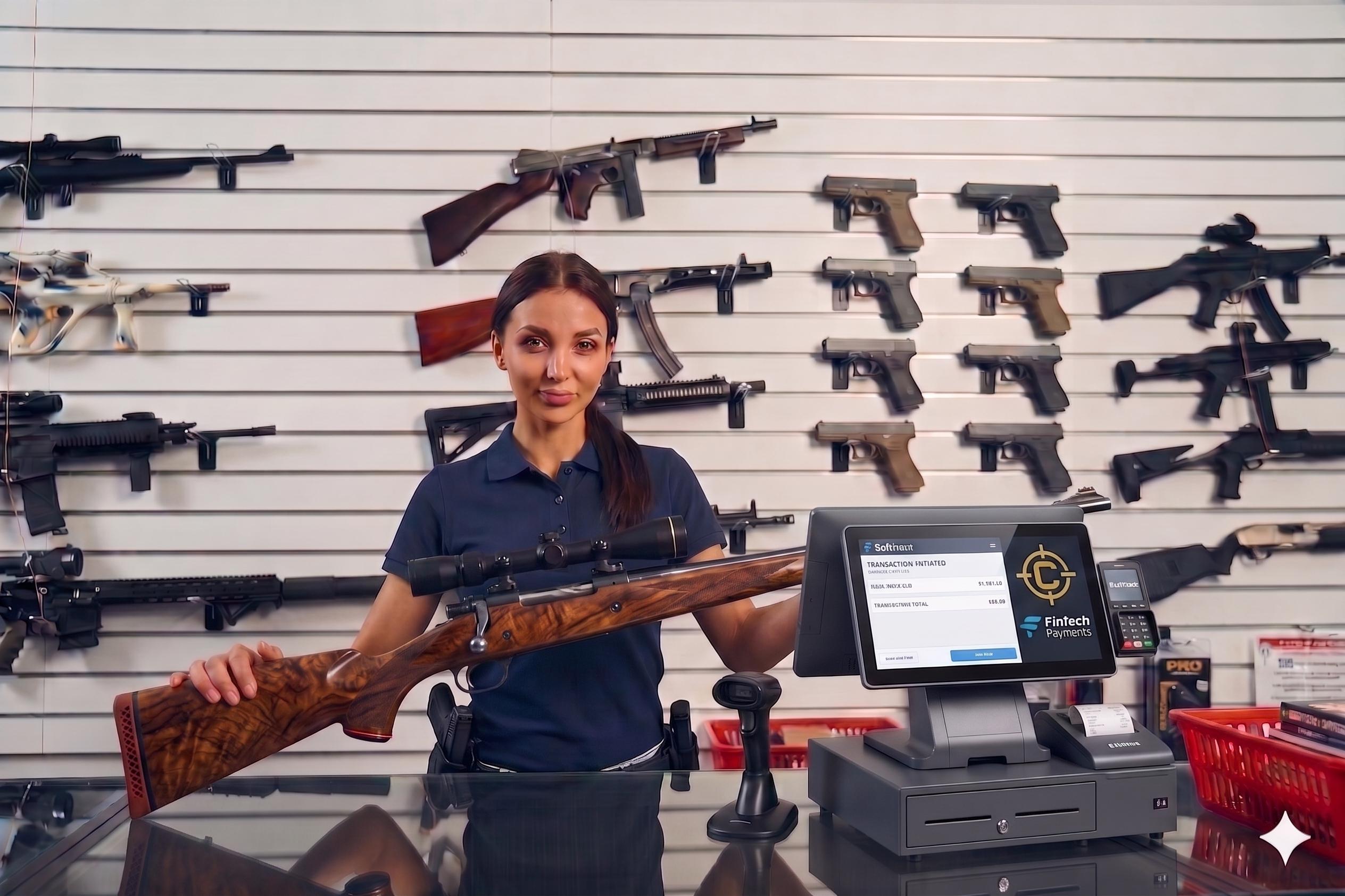 Defender POS user behind the counter holding a Winchester Model 70 Super Grade rifle. The rifle is tagged in the upper-left corner of the frame as Item 01 (Bound Book trace); a Glock pistol on the wall behind her is tagged in the upper-right as Item 02 (inventory trace)